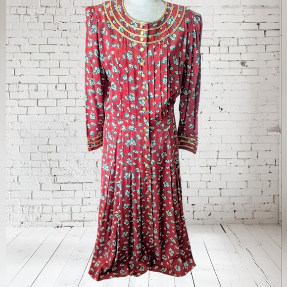 Vtg Plaza South Button Down Milkmaid Prairie Red Ditsy Floral Gold Trim Dress L - Picture 12 of 13